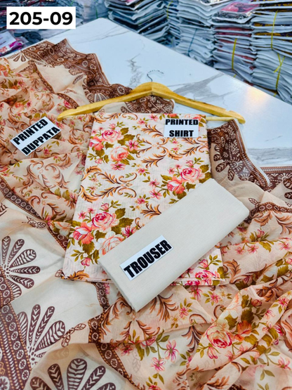 VOL 205 | DS 09 | DIGITAL PRINTED BANADORA LAWN SHIRT PLAIN TROUSER BAMBER CHIFFON DUPATTA