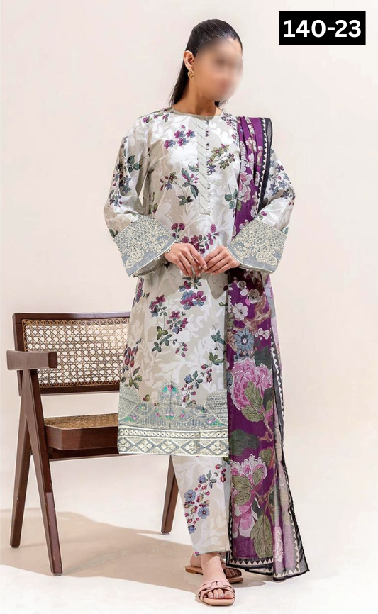 VOL 140 | DS 23 | DIGITAL PRINTED BANADORA LAWN 3PC | VOIL LAWN DUPATTA | EMBROIDERED ORAGANZA PATCHES