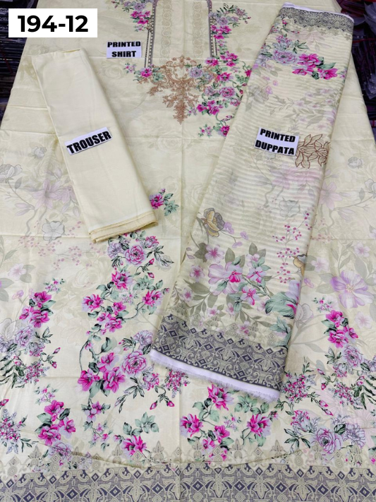 VOL 194 | DS 12 | Digital Printed Cotton Three Piece Doria Lawn Dupatta Plain Trouser