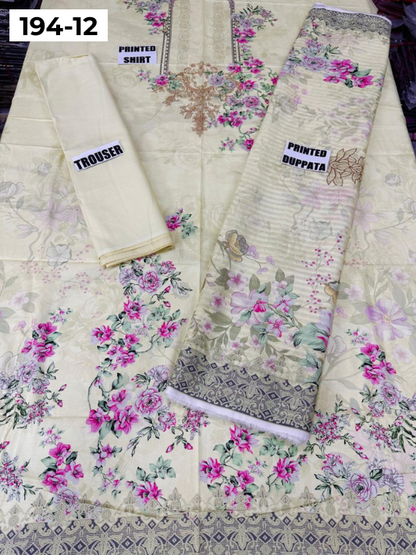 VOL 194 | DS 12 | Digital Printed Cotton Three Piece Doria Lawn Dupatta Plain Trouser