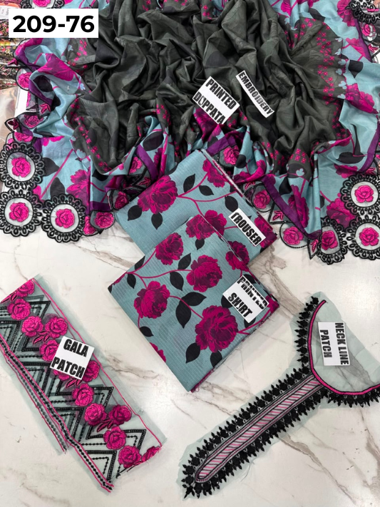 VOL 209 | DS 76 | LAWN 3PC PRINTED LAWN SHIRT ALONG WITH EMBROIDERED PATCHES PRINTED TROUSER EMBROIDERED DUPATTA