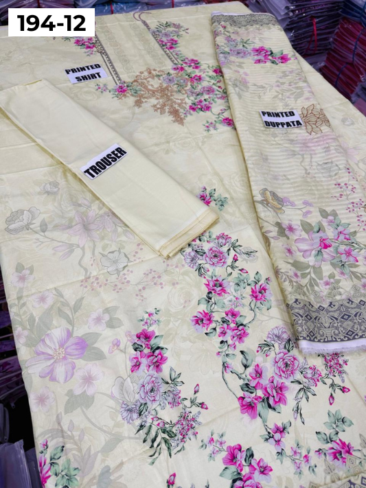 VOL 194 | DS 12 | Digital Printed Cotton Three Piece Doria Lawn Dupatta Plain Trouser