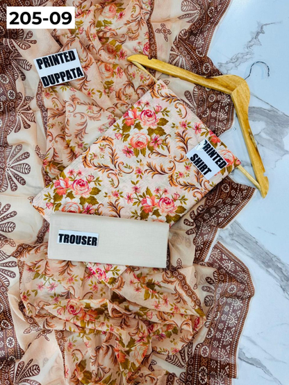 VOL 205 | DS 09 | DIGITAL PRINTED BANADORA LAWN SHIRT PLAIN TROUSER BAMBER CHIFFON DUPATTA
