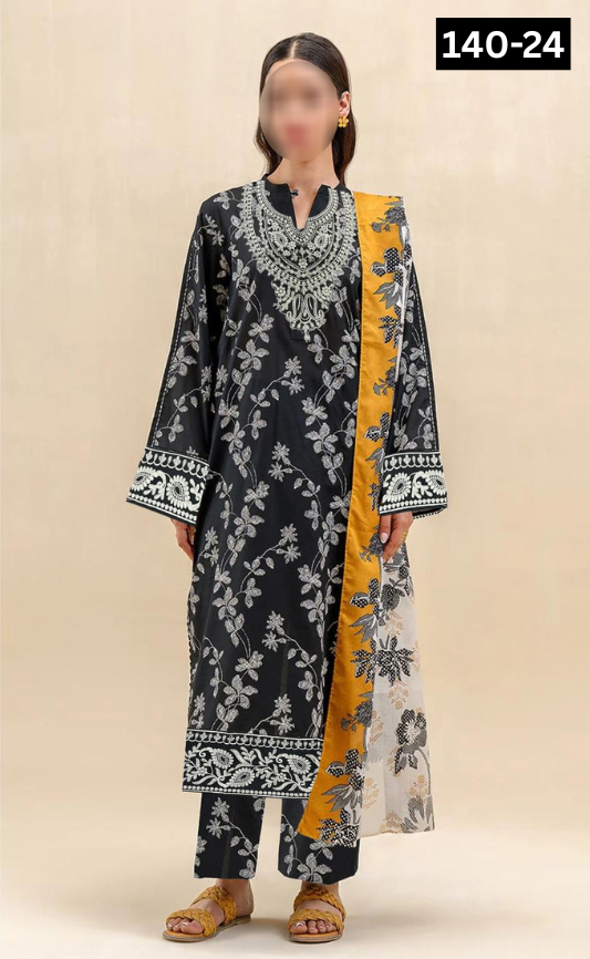 VOL 140 | DS 24 | DIGITAL PRINTED BANADORA LAWN 3PC | VOIL LAWN DUPATTA | EMBROIDERED ORAGANZA PATCHES