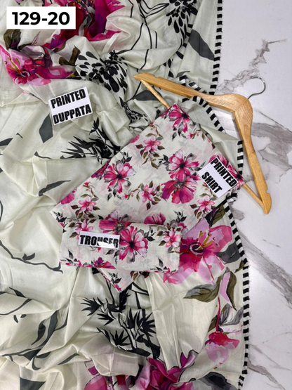 VOL 129 | DS 20 | DIGITAL PRINTED BANADORA LAWN 3PC VOIL LAWN DUPATTA
