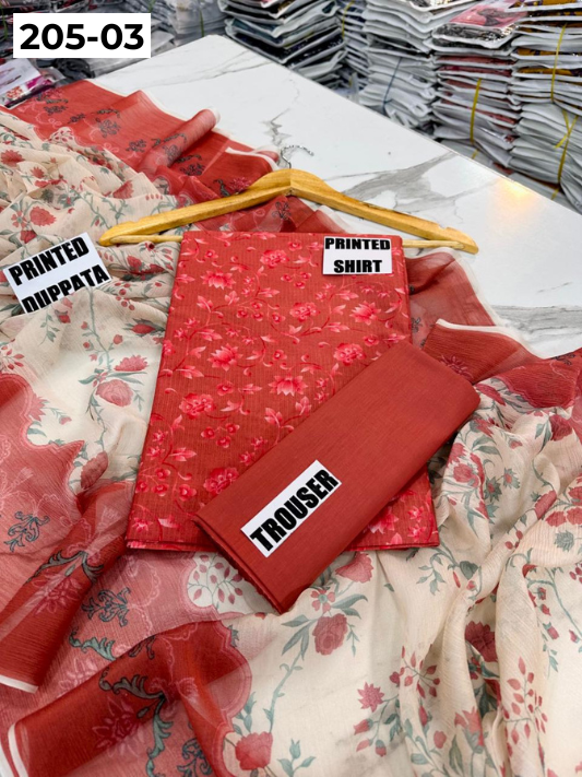 VOL 205 | DS 03 | DIGITAL PRINTED BANADORA LAWN SHIRT PLAIN TROUSER BAMBER CHIFFON DUPATTA