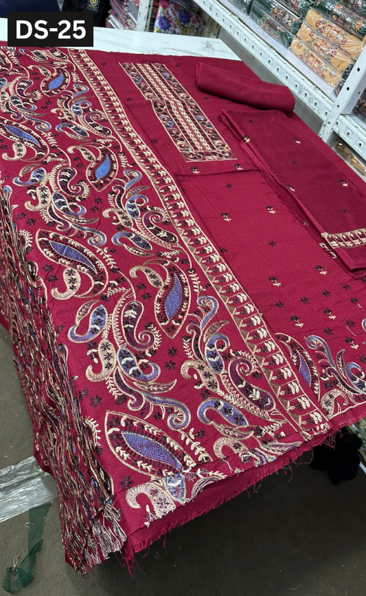 BAREEZE KARANDI | DS 25 | KARANDI EMBROIDERED 3PC WITH EMBROIDERED SHAWL