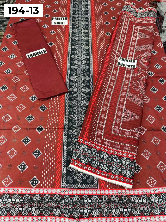 VOL 194 | DS 13 | Digital Printed Cotton Three Piece Doria Lawn Dupatta Plain Trouser