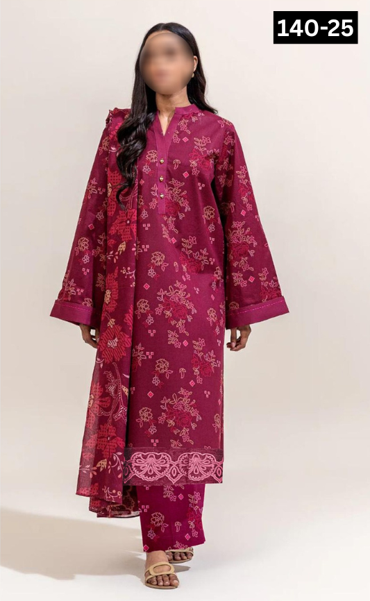 VOL 140 | DS 25 | DIGITAL PRINTED BANADORA LAWN 3PC | VOIL LAWN DUPATTA | EMBROIDERED ORAGANZA PATCHES