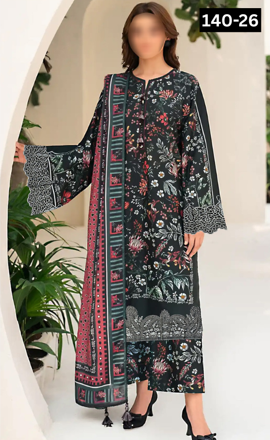 VOL 140 | DS 26 | DIGITAL PRINTED BANADORA LAWN 3PC | VOIL LAWN DUPATTA | EMBROIDERED ORAGANZA PATCHES