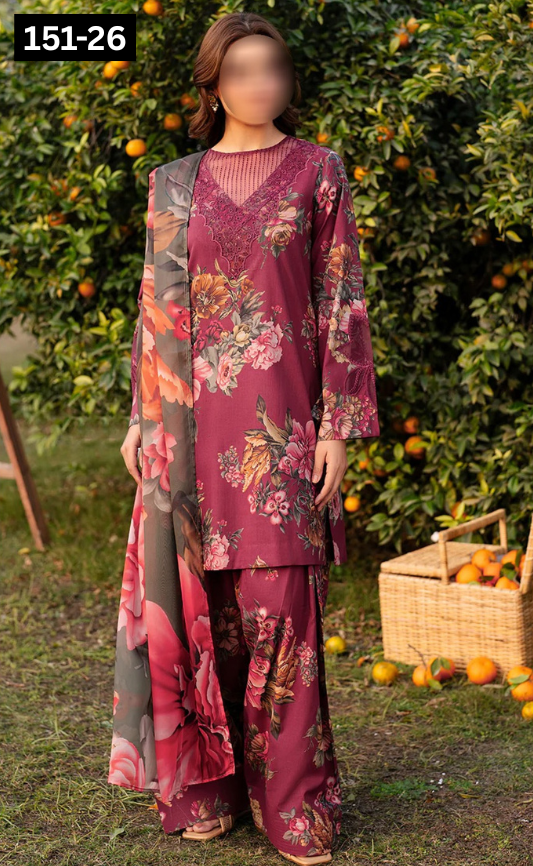 VOL 151 | DS 26 | DIGITAL PRINTED LINEN 3PC LINEN DUPATTA
