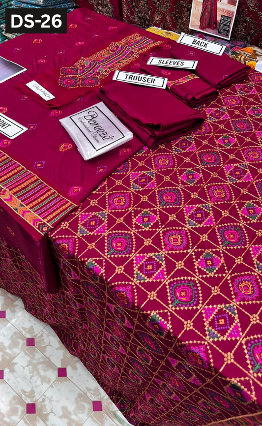 BAREEZE KARANDI | DS 26 | KARANDI EMBROIDERED 3PC WITH EMBROIDERED SHAWL