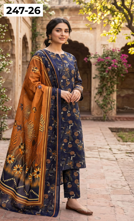 VOL 247 | DS 26 | DIGITAL PRINTED LAWN THREE PIECES VOIL LAWN DUPATTA