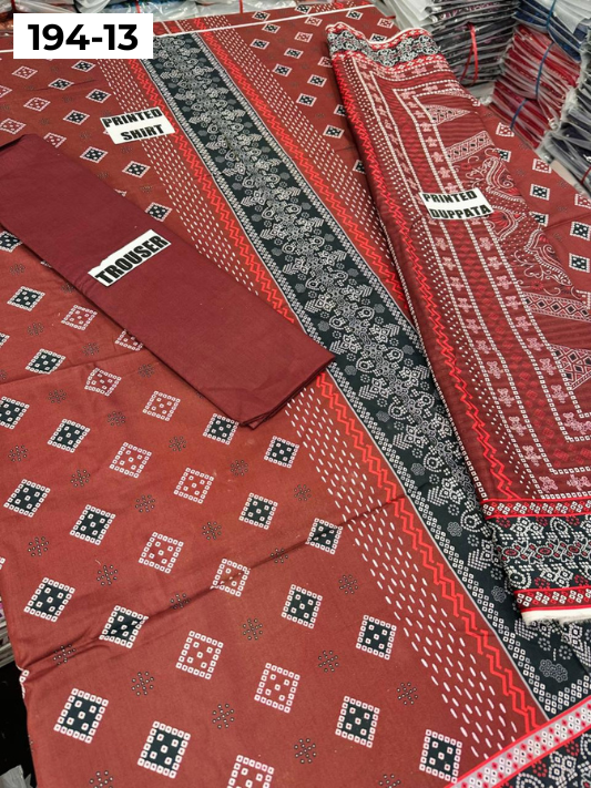 VOL 194 | DS 13 | Digital Printed Cotton Three Piece Doria Lawn Dupatta Plain Trouser