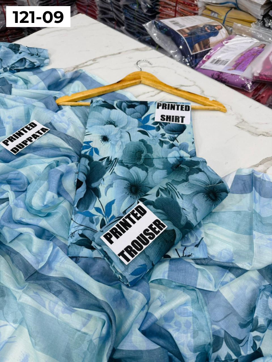 VOL 121 | DS 09 | DIGITAL PRINTED BANADORA LAWN 3PC VOIL LAWN DUPATTA