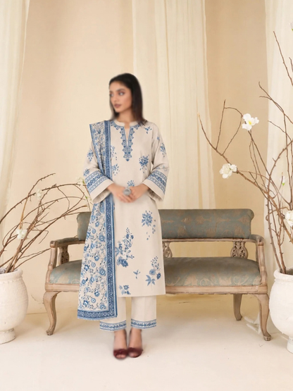 VOL 285 | DS 01 | NISHA BY SHANAYA | DIGITAL PRINTED 3PC STONE LINEN SHIRT, PRINTED TROUSER, PRINTED STONE LINEN DUPATTA