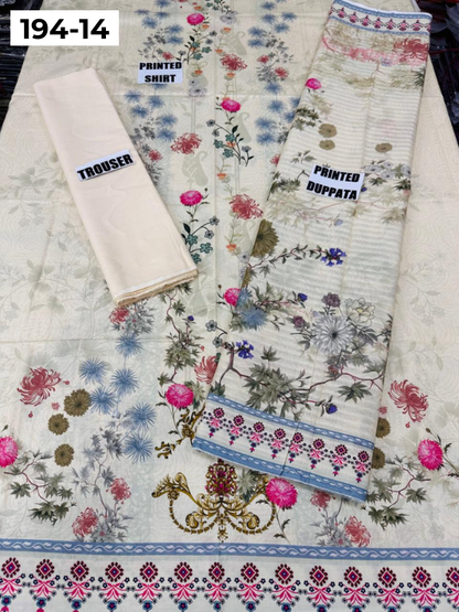 VOL 194 | DS 14 | Digital Printed Cotton Three Piece Doria Lawn Dupatta Plain Trouser