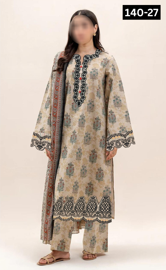 VOL 140 | DS 27 | DIGITAL PRINTED BANADORA LAWN 3PC | VOIL LAWN DUPATTA | EMBROIDERED ORAGANZA PATCHES