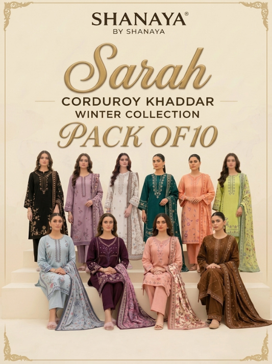 VOL 284 | PACK OF 10 | SARAH BY SHANAYA | DIGITAL PRINTED 3PC CORDUROY KHADDAR SUIT | PRINTED SHIRT, TROUSER & DUPATTA