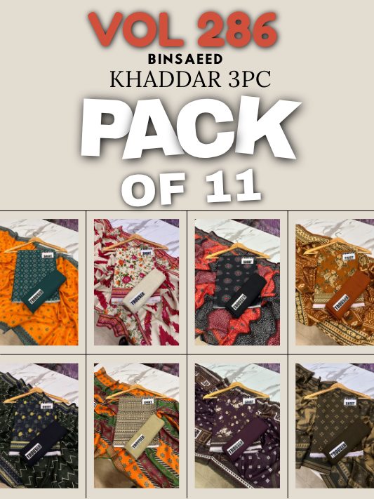 VOL 286 | PACK OF 11 | BINSAEED | DIGITAL PRINTED 3PC KHADDAR SUIT | PRINTED SHIRT, TROUSER & DUPATTA