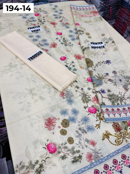 VOL 194 | DS 14 | Digital Printed Cotton Three Piece Doria Lawn Dupatta Plain Trouser