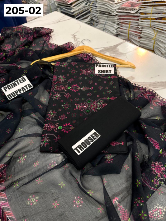 VOL 205 | DS 02 | DIGITAL PRINTED BANADORA LAWN SHIRT PLAIN TROUSER BAMBER CHIFFON DUPATTA