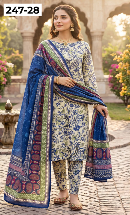 VOL 247 | DS 28 | DIGITAL PRINTED LAWN THREE PIECES VOIL LAWN DUPATTA