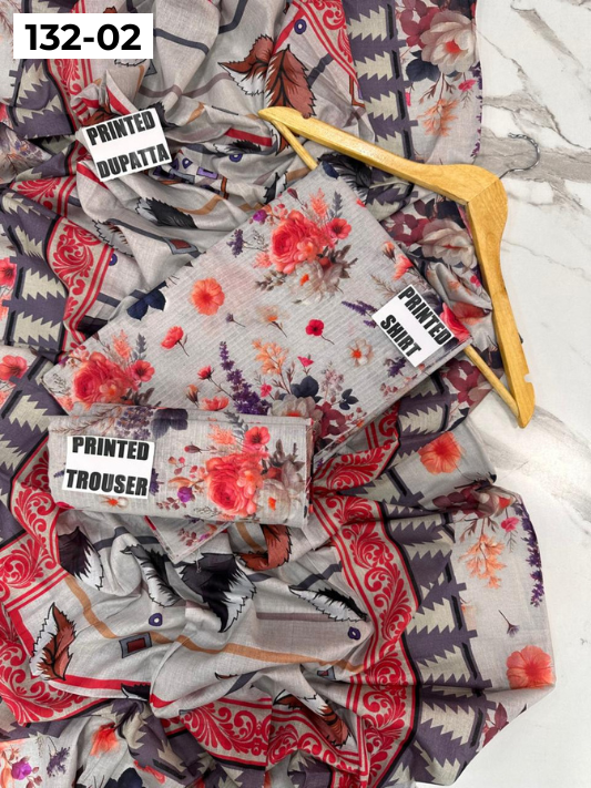 VOL 132 | DS 02 | DIGITAL PRINTED BANADORA LAWN 3PC VOIL LAWN DUPATTA