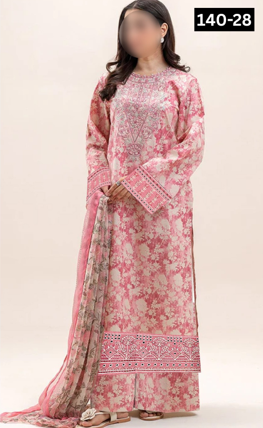 VOL 140 | DS 28 | DIGITAL PRINTED BANADORA LAWN 3PC | VOIL LAWN DUPATTA | EMBROIDERED ORAGANZA PATCHES