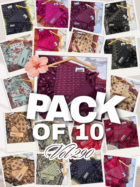VOL 290 | PACK OF 10 | PREMIUM DHANAK WINTER COLLECTON - DIGITAL PRINTED 3 PIECE SUIT | Printed Shirt with Neck Design | Plain Dyed Matching Trouser | Printed Dupatta