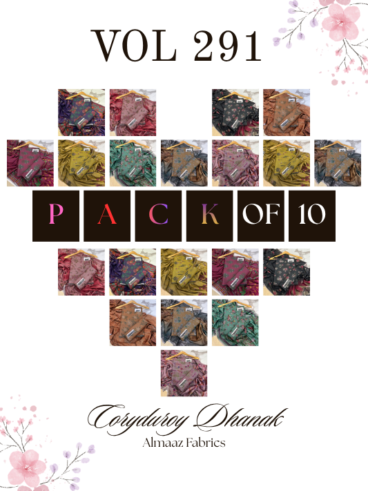 VOL 291 | PACK OF 10 | PREMIUM CORDUROY DHANAK WINTER COLLECTON - DIGITAL PRINTED 3 PIECE SUIT | PRINTED ALLOVER SHIRT & TROUSER | PRINTED DUPATTA
