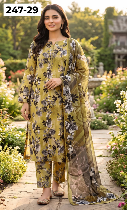 VOL 247 | DS 29 | DIGITAL PRINTED LAWN THREE PIECES VOIL LAWN DUPATTA