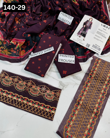 VOL 140 | DS 29 | DIGITAL PRINTED BANADORA LAWN 3PC | VOIL LAWN DUPATTA | EMBROIDERED ORAGANZA PATCHES