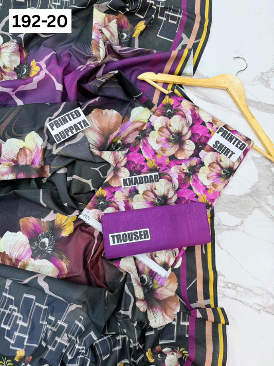 VOL 192 | DS 20 | DIGITAL PRINTED KHADDAR 3PC DYED TROUSER