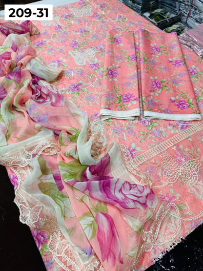VOL 209 | DS 31 | LAWN 3PC PRINTED LAWN SHIRT ALONG WITH EMBROIDERED PATCHES PRINTED TROUSER EMBROIDERED DUPATTA