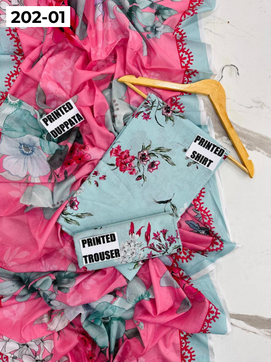 VOL 202 | DS 01 | DIGITAL PRINTED BANADORA LAWN 3PC VOIL LAWN DUPATTA