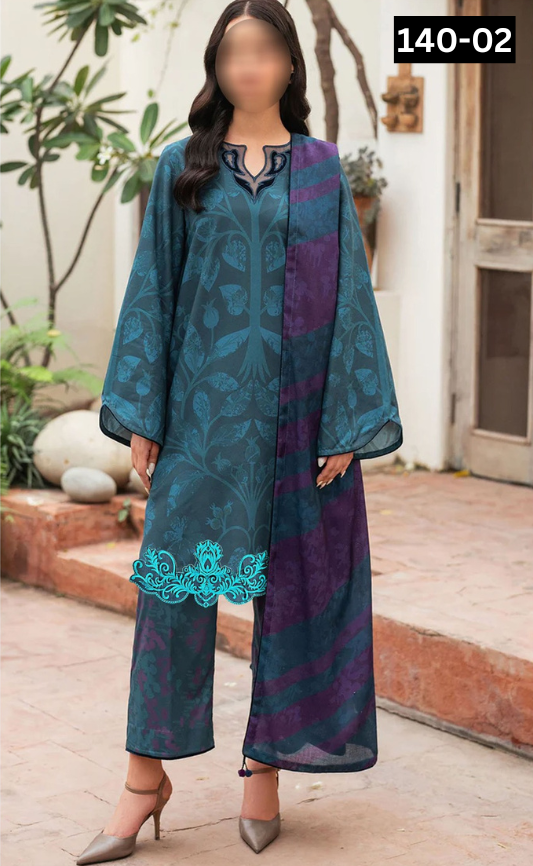 VOL 140 | DS 02 | DIGITAL PRINTED BANADORA LAWN 3PC | VOIL LAWN DUPATTA | EMBROIDERED ORAGANZA PATCHES
