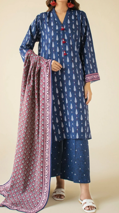 VOL 160 | DS 02 | DIGITAL PRINTED KHADDAR 3PC ZARI KHADDAR DUPATTA