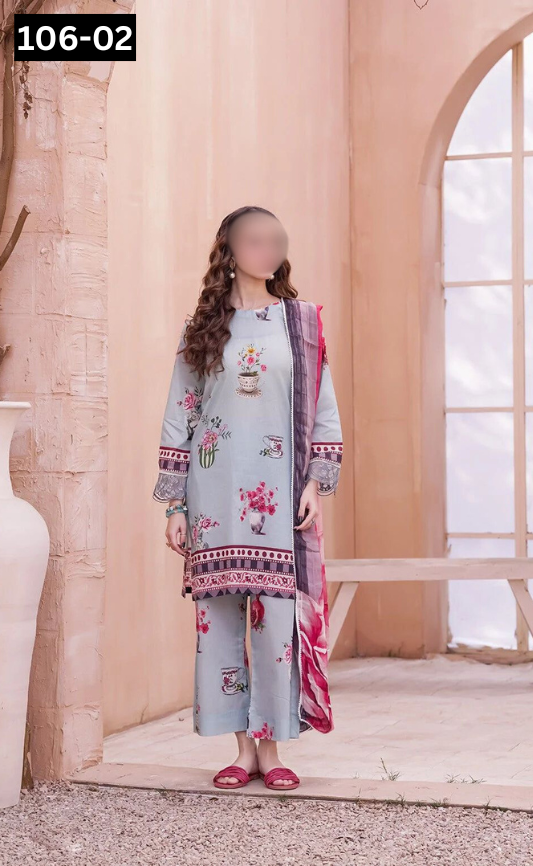 VOL 106 | DS 02 | DIGITAL PRINTED LAWN 3PC BAMBER CHIFFON DUPATTA