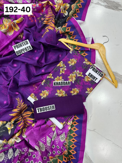 VOL 192 | DS 40 | DIGITAL PRINTED KHADDAR 3PC DYED TROUSER