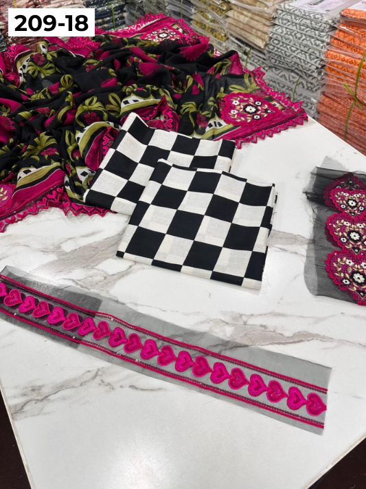 VOL 209 | DS 18 | LAWN 3PC PRINTED LAWN SHIRT ALONG WITH EMBROIDERED PATCHES PRINTED TROUSER EMBROIDERED DUPATTA