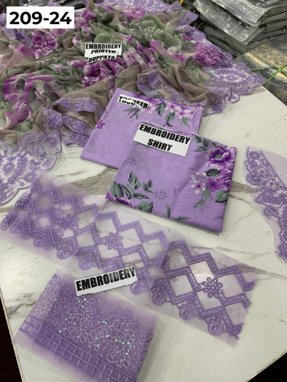 VOL 209 | DS 24 | LAWN 3PC PRINTED LAWN SHIRT ALONG WITH EMBROIDERED PATCHES PRINTED TROUSER EMBROIDERED DUPATTA