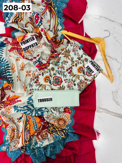 VOL 208 | DS 03 | DIGITAL PRINTED BANADORA LAWN SHIRT PLAIN TROUSER BANA DORA LAWN DUPATTA