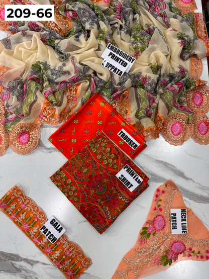 VOL 209 | DS 66 | LAWN 3PC PRINTED LAWN SHIRT ALONG WITH EMBROIDERED PATCHES PRINTED TROUSER EMBROIDERED DUPATTA