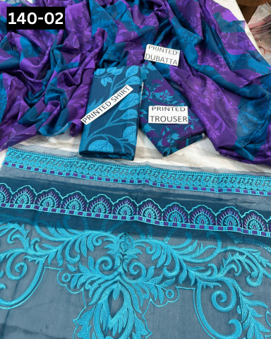 VOL 140 | DS 02 | DIGITAL PRINTED BANADORA LAWN 3PC | VOIL LAWN DUPATTA | EMBROIDERED ORAGANZA PATCHES