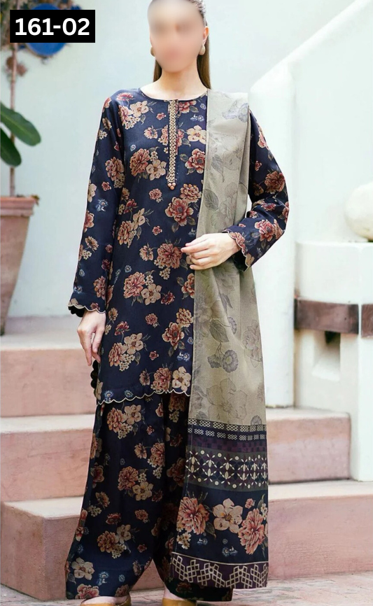 VOL 161 | DS 02 | DIGITAL PRINTED KHADDAR 3PC ZARI KHADDAR DUPATTA