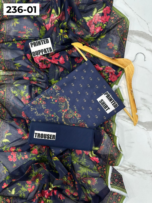 VOL 236 | DS 01 | MAUSUMMERY LAWN | DIGITAL PRINTED 3PC LAWN SHIRT PLAIN TROUSER PRINTED VOIL DUPATTA