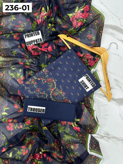 VOL 236 | DS 01 | MAUSUMMERY LAWN | DIGITAL PRINTED 3PC LAWN SHIRT PLAIN TROUSER PRINTED VOIL DUPATTA