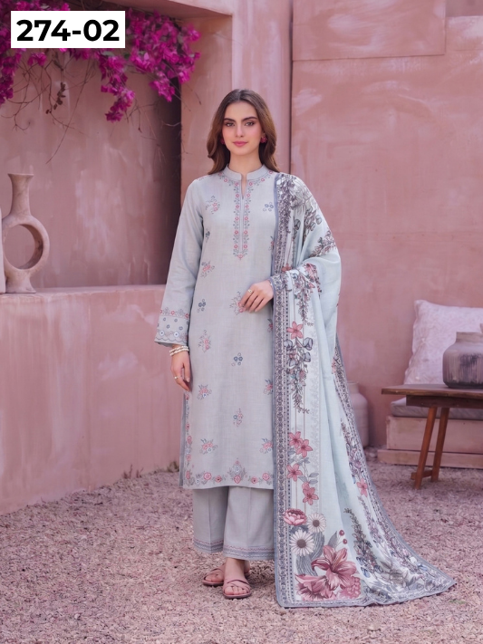 VOL 274 | DS 02 | NIRVANA BY SHANAYA | DIGITAL PRINTED 3PC STONE LINEN SHIRT, PRINTED TROUSER, PRINTED STONE LINEN DUPATTA