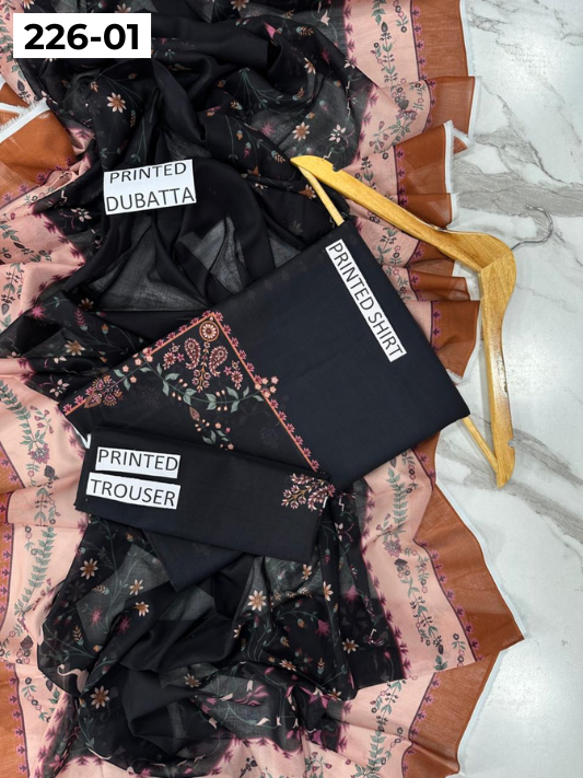 VOL 226 | DS 01 | DIGITAL PRINTED LAWN 3PC PRINTED LAWN SHIRT PLAIN TROUSER PRINTED VOIL DUPATTA